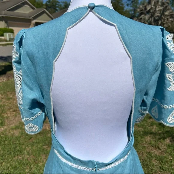 NWT🌷Farm Rio Floral Embroidery Linen Short Sleeve Open Back Midi Dress - Picture 10 of 12